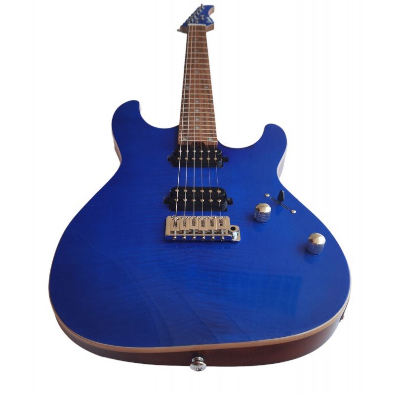 Egmond GSX-880B Superstrat Electric Guitar, Curly Maple, Blue - Image 4